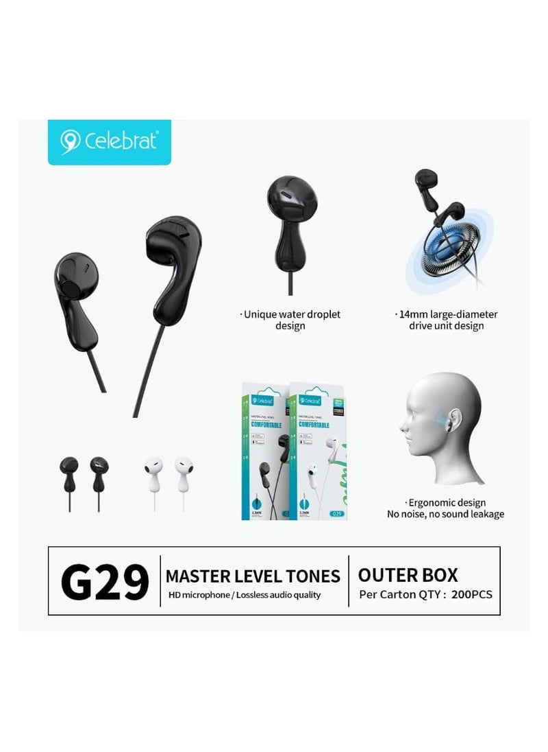 Celebrat - Celebrat G29 Wired Stereo Sound Earphones With Microphone And Controller Button Pure And Lossless Audio Quality And Clarity In Calls Fits Various Smart Devices 3.5 mm Audio Pin - Black - Image 1