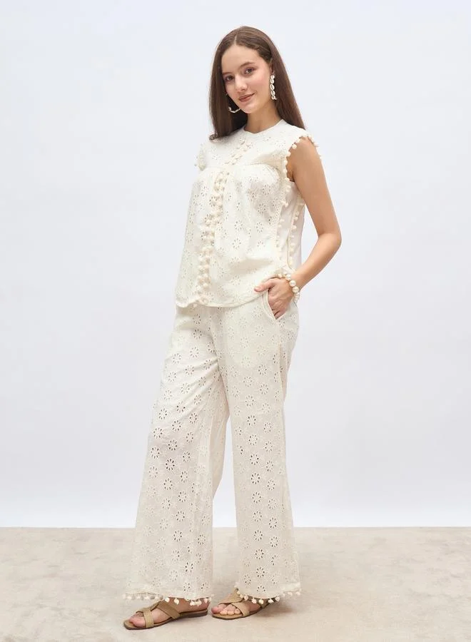 Styli Off  White Sleeveless Schiffli Top and Pants Co-Ords