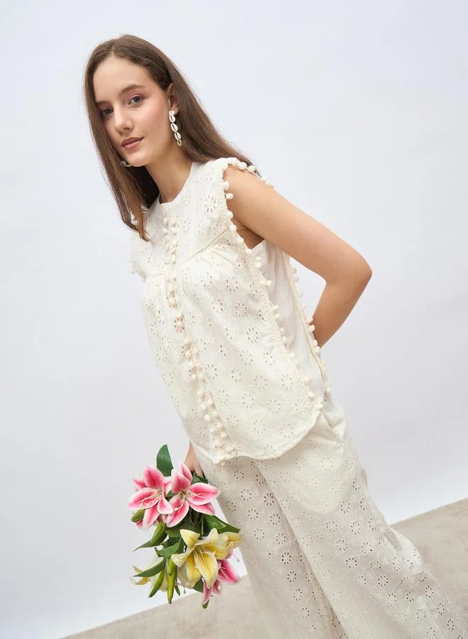 Styli Off  White Sleeveless Schiffli Top and Pants Co-Ords