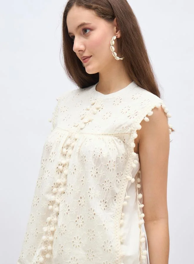 Styli Off  White Sleeveless Schiffli Top and Pants Co-Ords