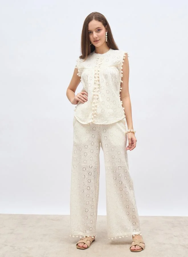 Styli Styli Off  White Sleeveless Schiffli Top and Pants Co-Ords