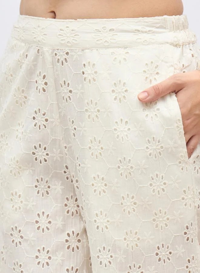 Styli Off  White Sleeveless Schiffli Top and Pants Co-Ords