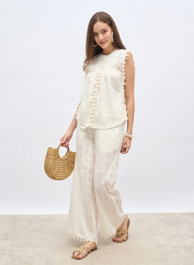 Styli Styli Off  White Sleeveless Schiffli Top and Pants Co-Ords