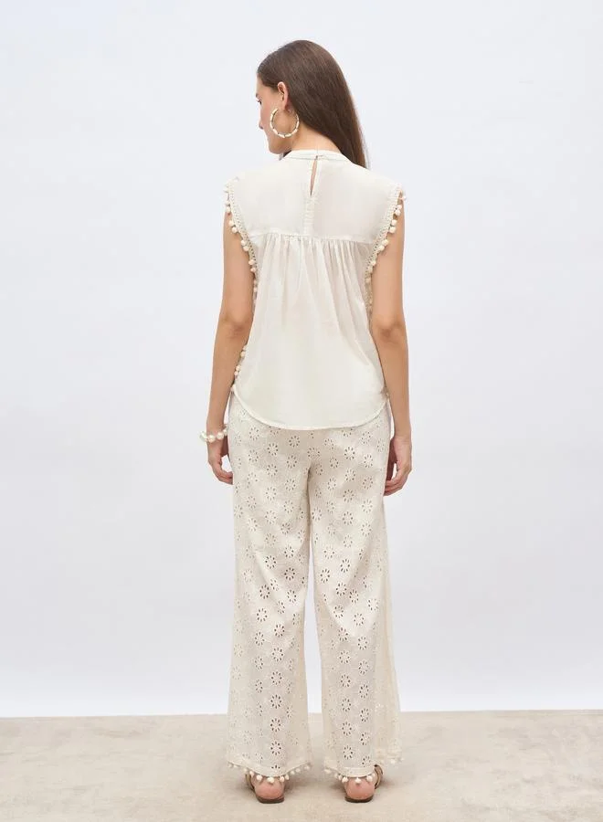Styli Off  White Sleeveless Schiffli Top and Pants Co-Ords