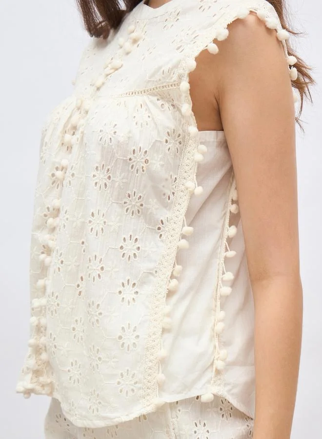 Styli Off  White Sleeveless Schiffli Top and Pants Co-Ords