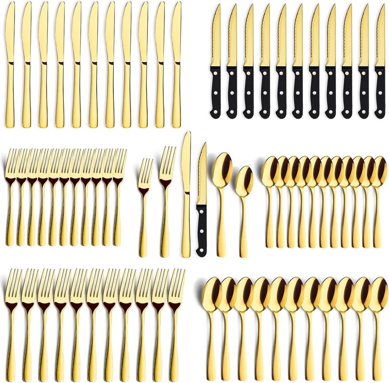 BEWOS 72-Pieces Gold Silverware Set for 12 - Stainless Steel Flatware Set with Mirror Polish, Gold Silverware Set Including Steak Knives, Forks and Spoons, Dishwasher Safe for Restaurant - Image 1