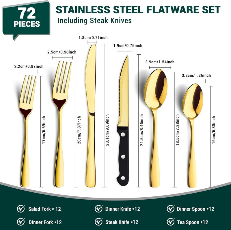 BEWOS 72-Pieces Gold Silverware Set for 12 - Stainless Steel Flatware Set with Mirror Polish, Gold Silverware Set Including Steak Knives, Forks and Spoons, Dishwasher Safe for Restaurant - Image 2