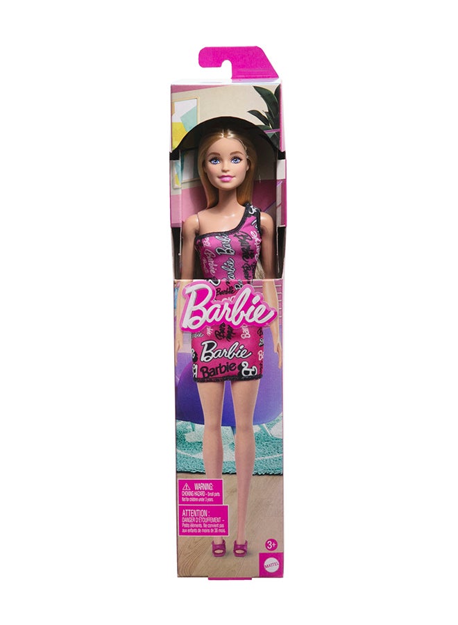 Barbie Fashion Doll With Straight Blonde Hair Wearing Removable Pink One-Shoulder Dress & Shoes With Logo Print - Image 1