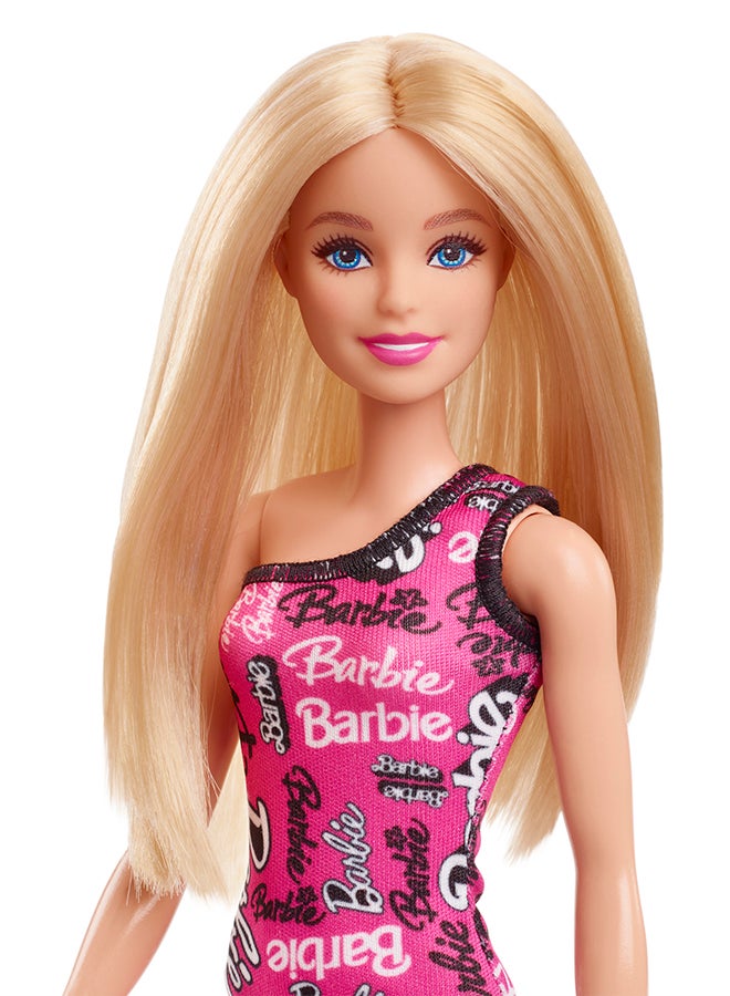 Barbie Fashion Doll With Straight Blonde Hair Wearing Removable Pink One-Shoulder Dress & Shoes With Logo Print - Image 4
