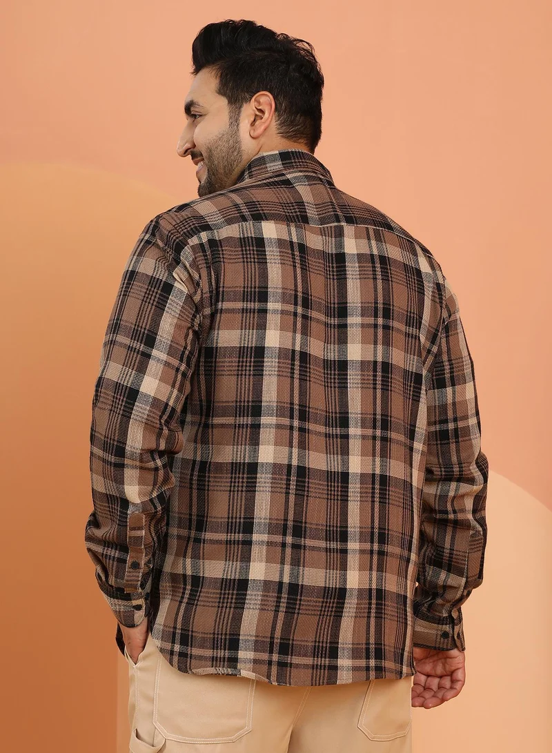 Instafab Plus  Instafab Plus Men's Mousse Brown Plaid-Weave Regular Shirt For Casual Wear | Spread Collar | Long Cuffed Sleeves | Button Closure | Plus Size Shirt Crafted With Comfort Fit For Everyday Wear for Men | Best Price UAE