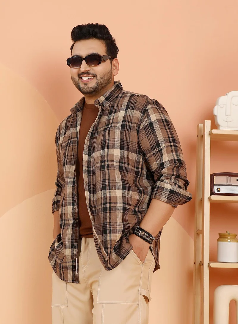 Instafab Plus Men's Mousse Brown Plaid-Weave Regular Shirt For Casual Wear | Spread Collar | Long Cuffed Sleeves | Button Closure | Plus Size Shirt Crafted With Comfort Fit For Everyday Wear