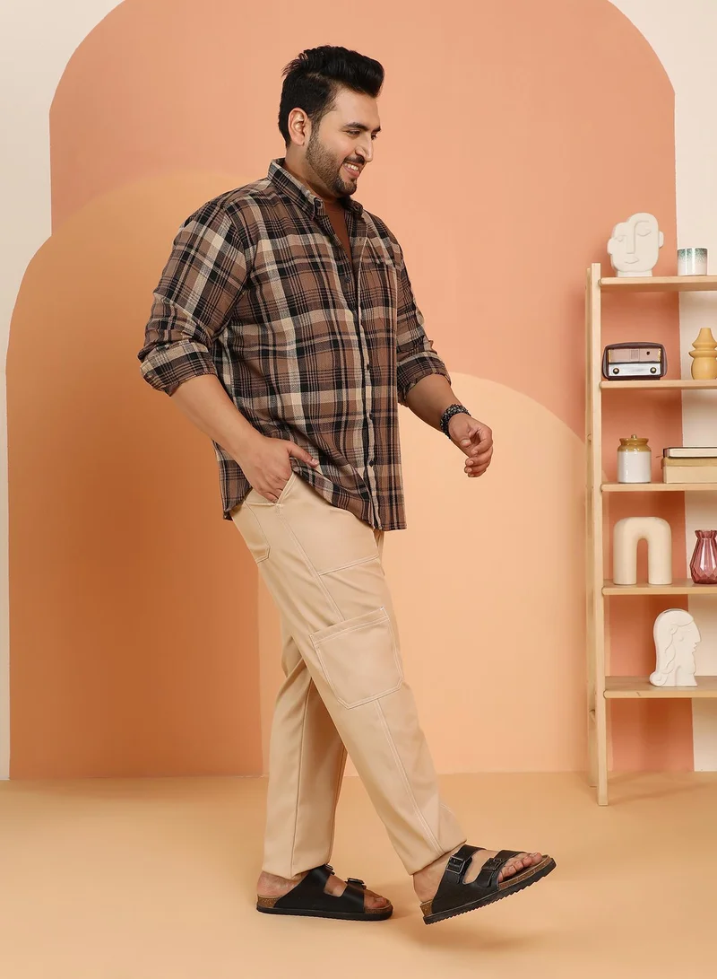 Instafab Plus  Instafab Plus Men's Mousse Brown Plaid-Weave Regular Shirt For Casual Wear | Spread Collar | Long Cuffed Sleeves | Button Closure | Plus Size Shirt Crafted With Comfort Fit For Everyday Wear for Men | Best Price UAE