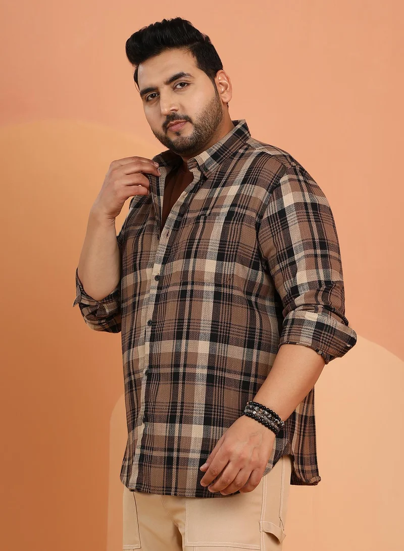 Instafab Plus  Instafab Plus Men's Mousse Brown Plaid-Weave Regular Shirt For Casual Wear | Spread Collar | Long Cuffed Sleeves | Button Closure | Plus Size Shirt Crafted With Comfort Fit For Everyday Wear for Men | Best Price UAE