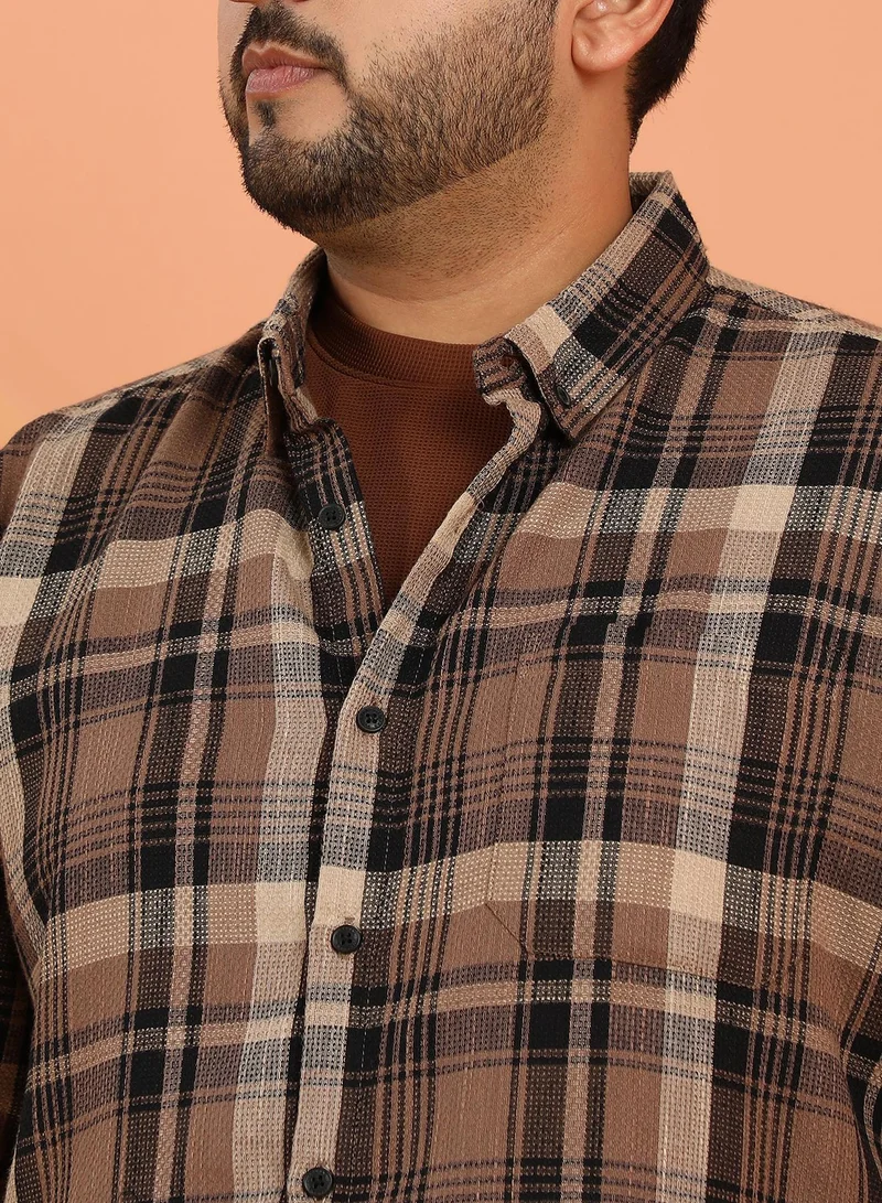 Instafab Plus  Instafab Plus Men's Mousse Brown Plaid-Weave Regular Shirt For Casual Wear | Spread Collar | Long Cuffed Sleeves | Button Closure | Plus Size Shirt Crafted With Comfort Fit For Everyday Wear for Men | Best Price UAE
