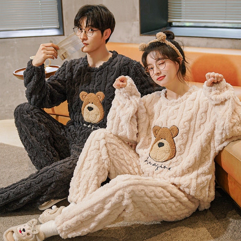 Couple Pajamas Winter Women'S Coral Fleece Cute Cartoon Fleece-Lined Thickened Autumn Men'S Flannel Home Clothes Suit - Image 1
