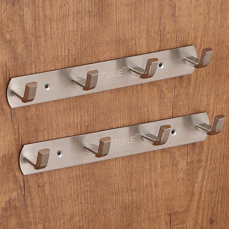 Fortune خطافات حائط من الفولاذ المقاوم للصدأ من فورتشن لتعليق الملابس والمناشف، خطافات حمام، خطافات رداء، سكة خطافات، خطاف باب لتعليق الملابس والمفاتيح (4 خطافات) (عبوة من 2) - Image 1