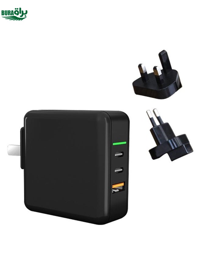 BURAQ 65W USB Ports x 1 + Type-C Port x 2 GaN Portable Mini Fast Charger Travel Charger with UK & US & EU Plug Set (Black) - Image 1