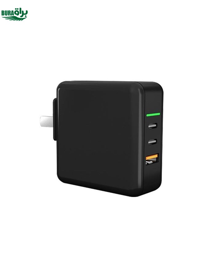 BURAQ 65W USB Ports x 1 + Type-C Port x 2 GaN Portable Mini Fast Charger Travel Charger with UK & US & EU Plug Set (Black) - Image 2