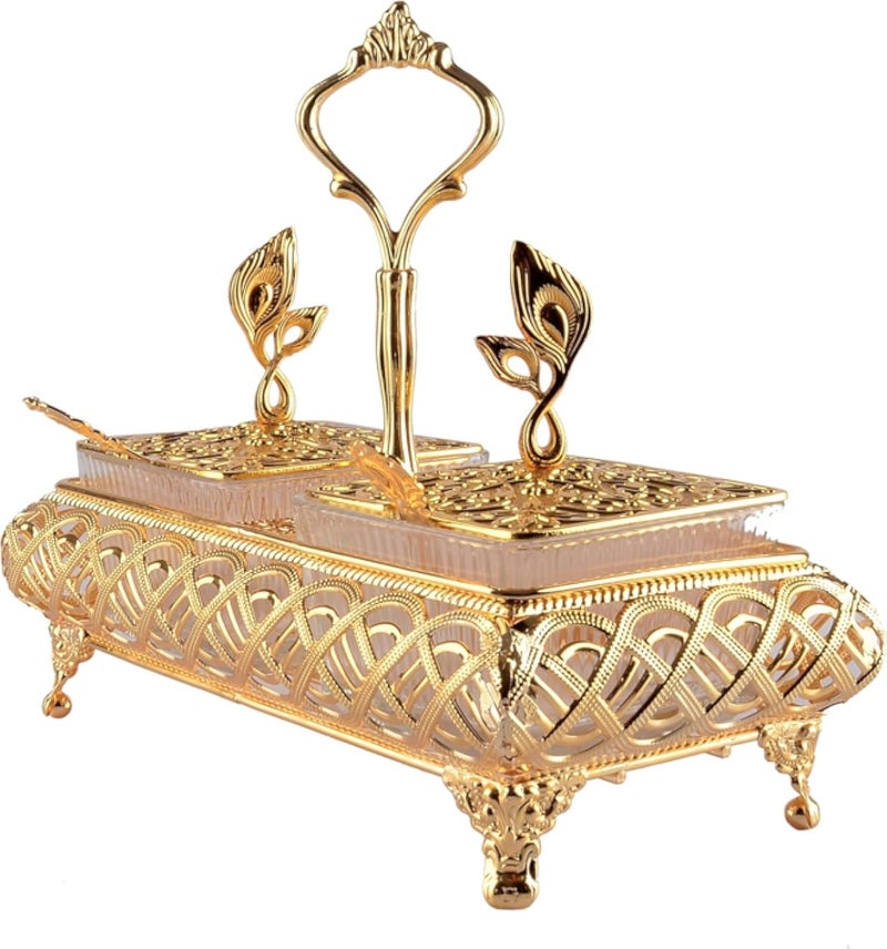 Tasaly & Dessert Serving Set of 2 - Decorative Gold Metal Stand with Glass Bowls and Lids - Perfect for Hospitality, Nuts, and Dates - Elegant Decor Piece for Home and Events Bonnierh