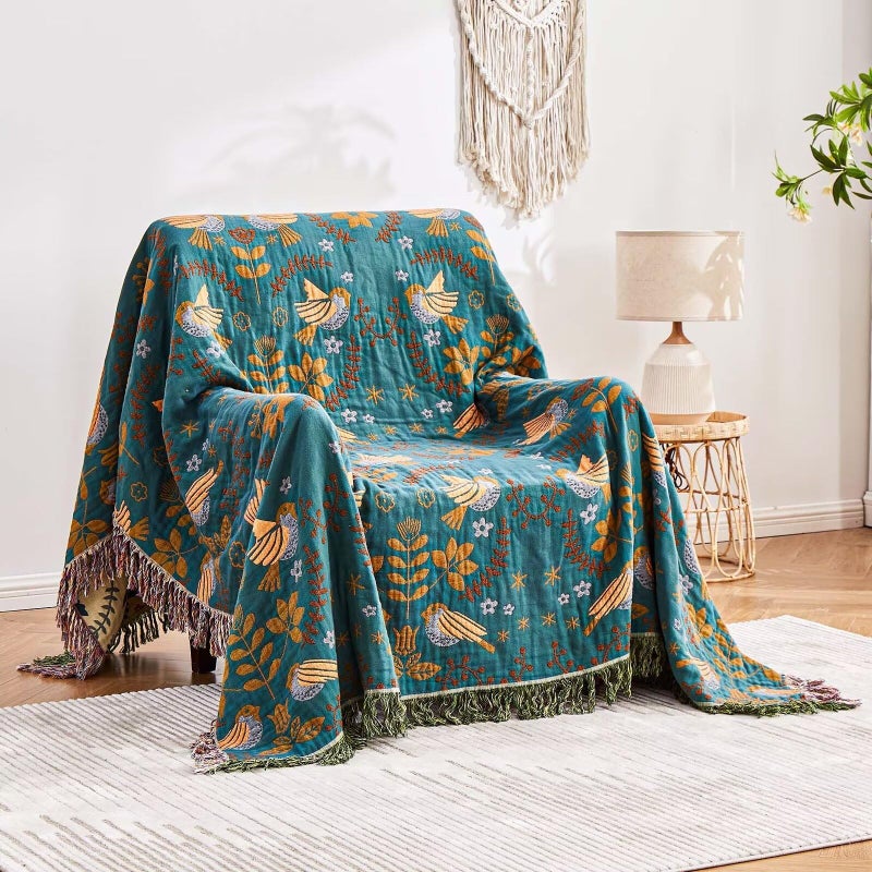 XIBLC Boho Throw Blanket, 100% Cotton Ultra Soft Luxury Fall Throw Rustic Quilt, 50"x60" Floral Printed Farmhouse Decor Bed Summer Blankets, All Season Rustic Reversible Bohemian Throw for Bed - Image 2