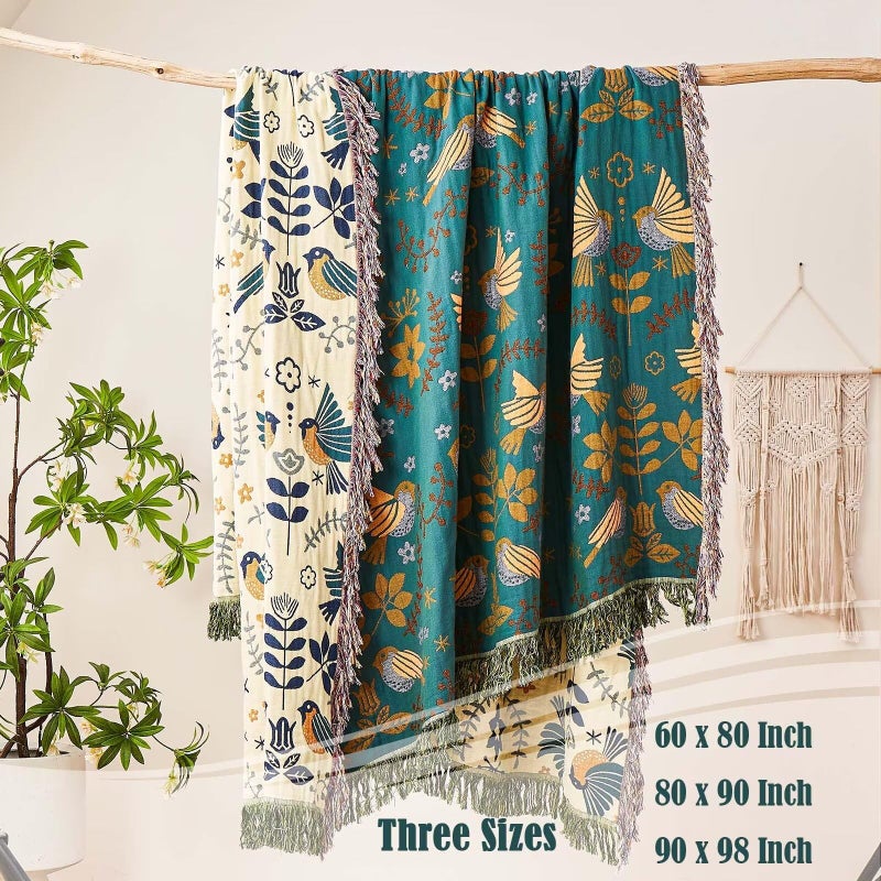 XIBLC Boho Throw Blanket, 100% Cotton Ultra Soft Luxury Fall Throw Rustic Quilt, 50"x60" Floral Printed Farmhouse Decor Bed Summer Blankets, All Season Rustic Reversible Bohemian Throw for Bed - Image 3