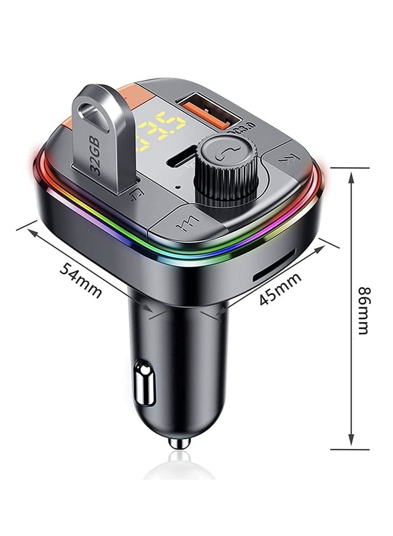 Car FM Transmitter,Car Fast Charger Bluetooth 5.0 FM Transmitter QC 3.0 and Type C PD Functional Car Kit 2 USB Ports Support Hands-Free Calls,7Colorful LED Backlit,Support U Disk & TF Card (Black) - Image 1