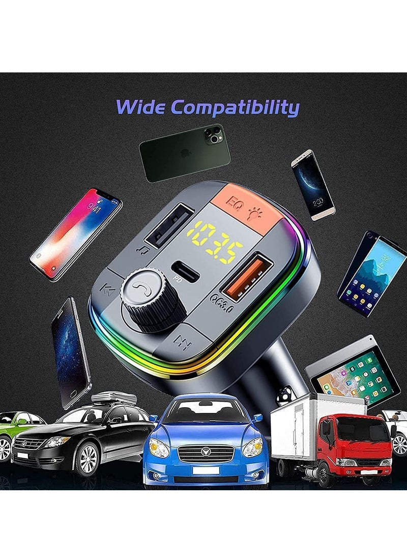Car FM Transmitter,Car Fast Charger Bluetooth 5.0 FM Transmitter QC 3.0 and Type C PD Functional Car Kit 2 USB Ports Support Hands-Free Calls,7Colorful LED Backlit,Support U Disk & TF Card (Black) - Image 2