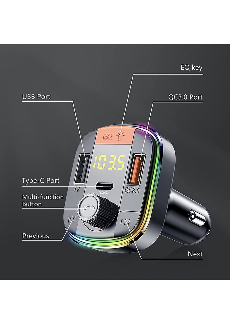 Car FM Transmitter,Car Fast Charger Bluetooth 5.0 FM Transmitter QC 3.0 and Type C PD Functional Car Kit 2 USB Ports Support Hands-Free Calls,7Colorful LED Backlit,Support U Disk & TF Card (Black) - Image 3