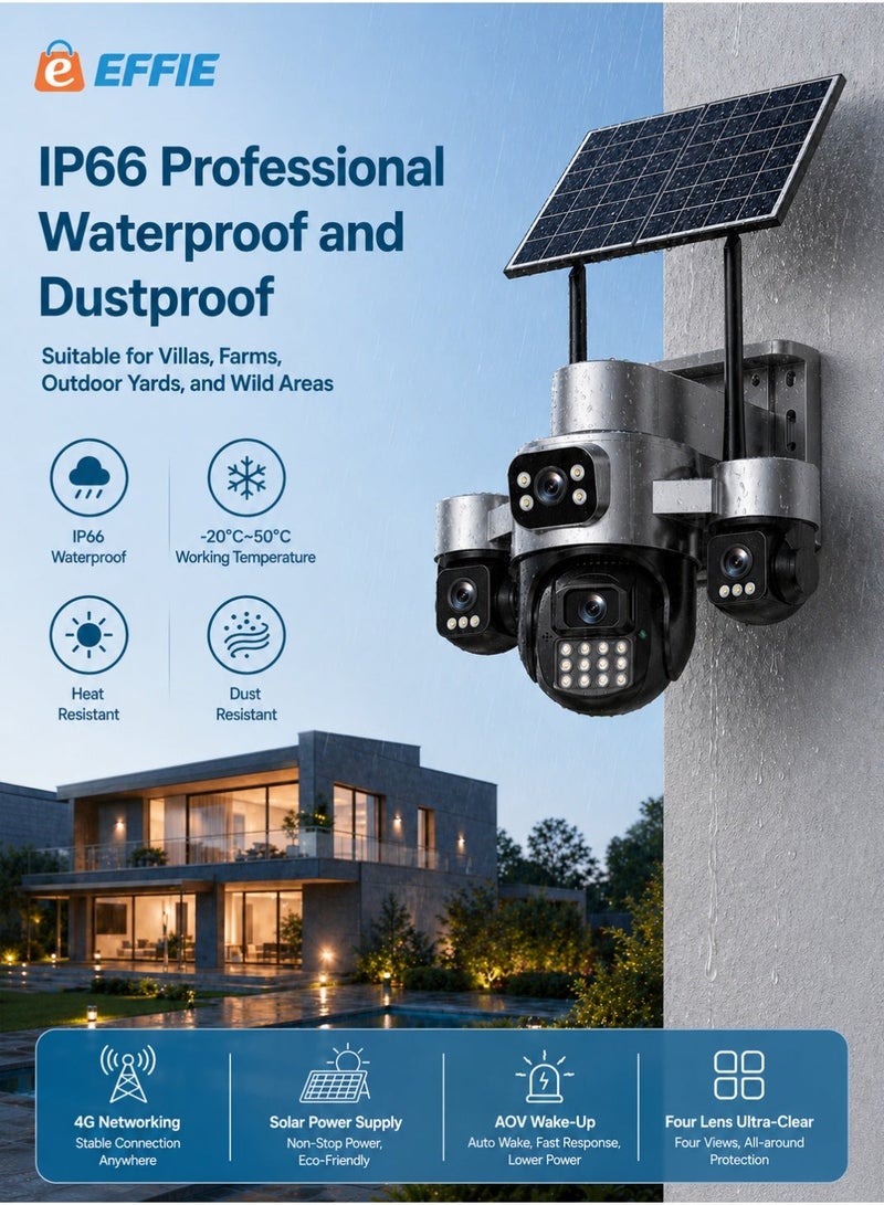 EFFIE A0V 4G 4 Lens Solar Security Camera 20MP Wireless Outdoor CCTV with SIM Card Slot Built-in HiEasy App Human Tracking 12X Zoom IP66 Waterproof Night Vision Cloud & TF Storage - Image 3