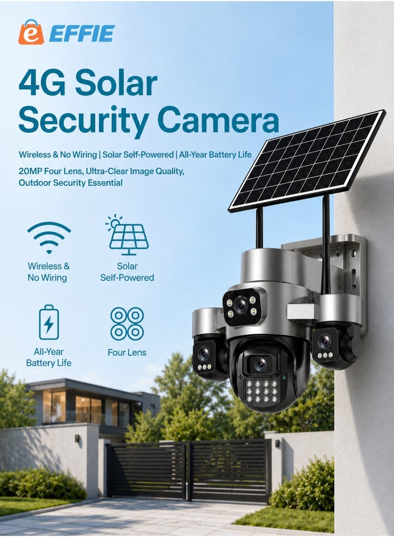 EFFIE A0V 4G 4 Lens Solar Security Camera 20MP Wireless Outdoor CCTV with SIM Card Slot Built-in HiEasy App Human Tracking 12X Zoom IP66 Waterproof Night Vision Cloud & TF Storage - Image 1
