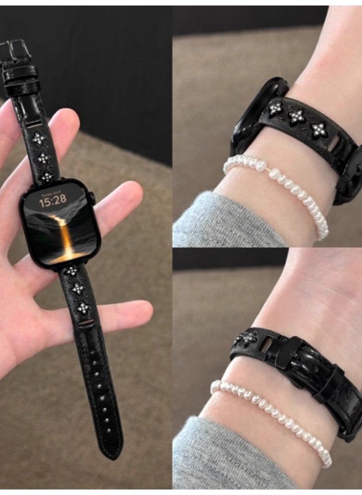 Bracelet Leather Strap iWatch Replacement Strap Fine Design Black - Black on Suitable For 44mm - iwatch 4/5/6/s Generation - Image 1