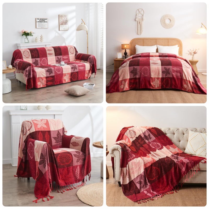Edcooy Bohemian Chenille Jacquard Tassel Throws - Reversible Red&Pink Maple Leaf Design For Boho Hippie Vibes - Oversized Blankets For Large Couch  Furniture  Sofa  Chair - Image 5