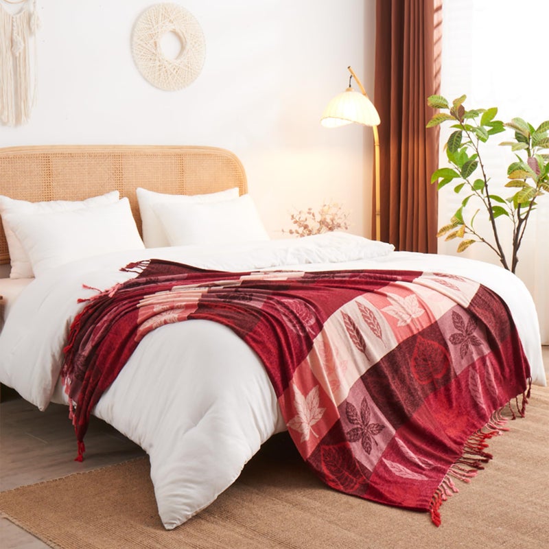 Edcooy Bohemian Chenille Jacquard Tassel Throws - Reversible Red&Pink Maple Leaf Design For Boho Hippie Vibes - Oversized Blankets For Large Couch  Furniture  Sofa  Chair - Image 3