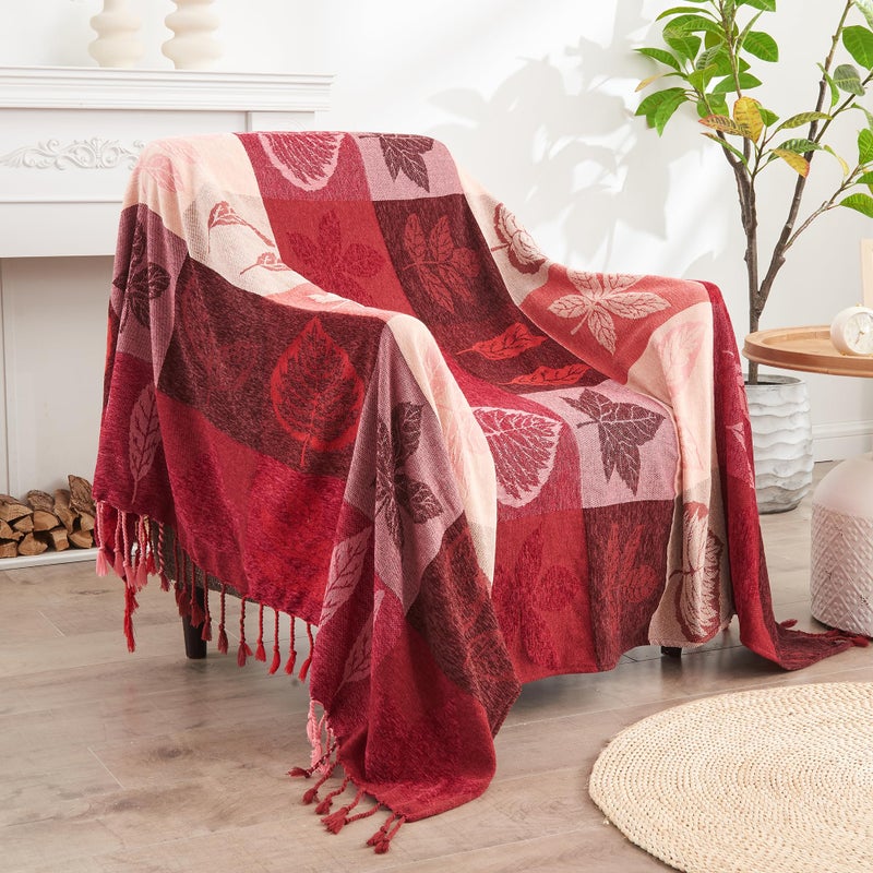 Edcooy Bohemian Chenille Jacquard Tassel Throws - Reversible Red&Pink Maple Leaf Design For Boho Hippie Vibes - Oversized Blankets For Large Couch  Furniture  Sofa  Chair - Image 2