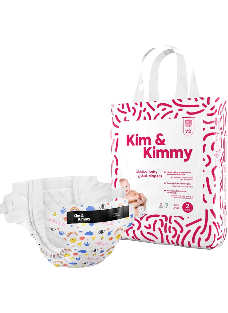 Kim & Kimmy Kim & Kimmy Eco Diapers, Size 2, 4-8 kg, 72 Diapers - 12 Hour Leak Protection, No Rashes, Hypoallergenic, Ultra-Soft & Highly Absorbent - Cruelty Free & Vegan - Funny Icons 