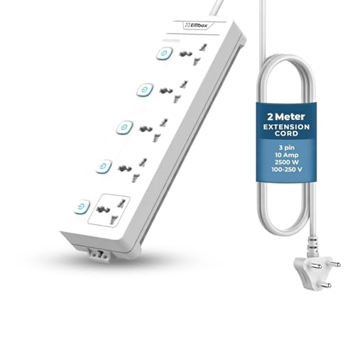 EMBOX Extension Board with Switches 2500 W, 5 Universal Sockets, Individual Switch, Safety Shutter, 6 amp Spike Guard, LED Indicator and Safety Shutter - Image 1