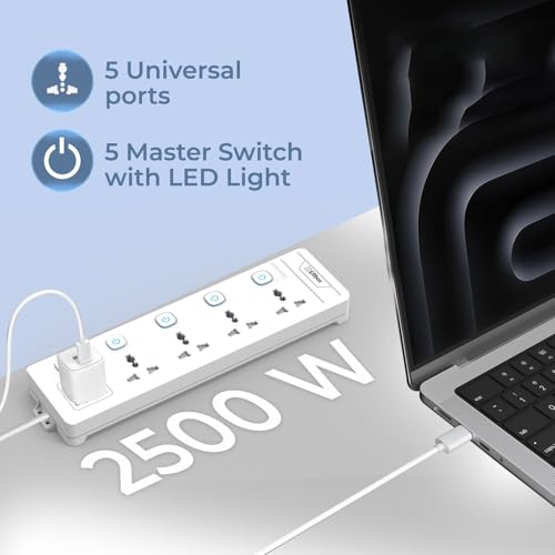 EMBOX Extension Board with Switches 2500 W, 5 Universal Sockets, Individual Switch, Safety Shutter, 6 amp Spike Guard, LED Indicator and Safety Shutter - Image 3