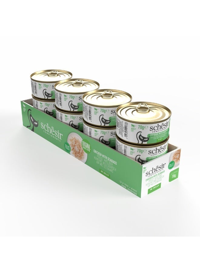Schesir Complements Cat Wet Food Chicken with Seabass 12×70g | High Protein Jelly Pouch, Natural Flavors, Hydrating & Complete Nutrition for Adult Cats - Image 1