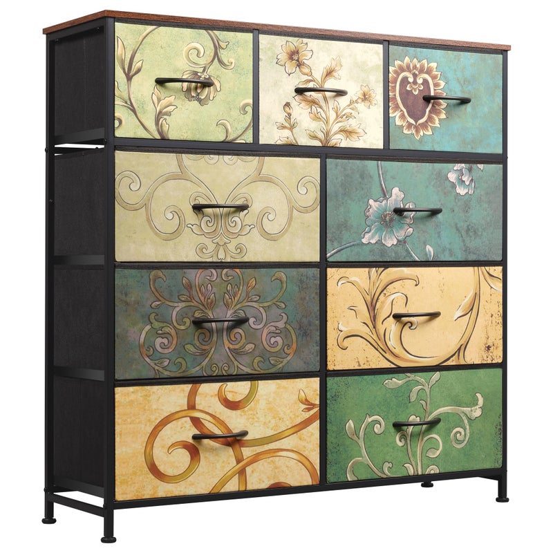 WLIVE 9Drawer Dresser Fabric Storage Tower for Bedroom Hallway Entryway Closet Tall Chest Organizer Unit with Fabric Bins Steel Frame Wood Top Easy Pull Handle Floral Painted