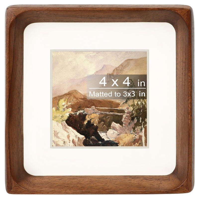 Gdfmsc Square 4x4 Picture Frame with Mat for 3x3, Natural Walnut Wood Handcrafted Rounded Corner with Real Glass, Vertical or Horizontal Display Photo Gallery Wall & Tabletop Frame - Image 1