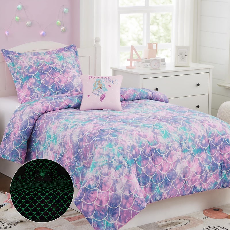 Kaleido Space Twin Comforter Set for Girls- 3 Pieces Glow in The Dark Mermaid Twin XL Bedding Set with 1 Comforter, 1 Decor Pillow & 1 Pillow Shams - Image 3