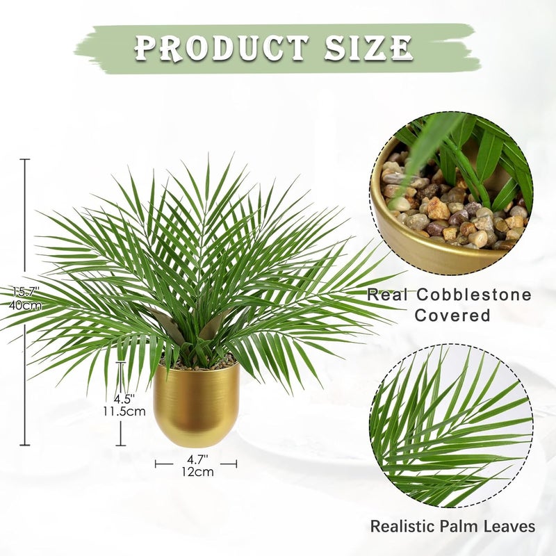 Briful Fake Plant 15.7’’ Artificial Palm Plant in Gold Pot Real Touch Faux Tropical Palm Tree Houseplant for Home Indoor Living Room Tabletop Balcony Decorations - Image 3