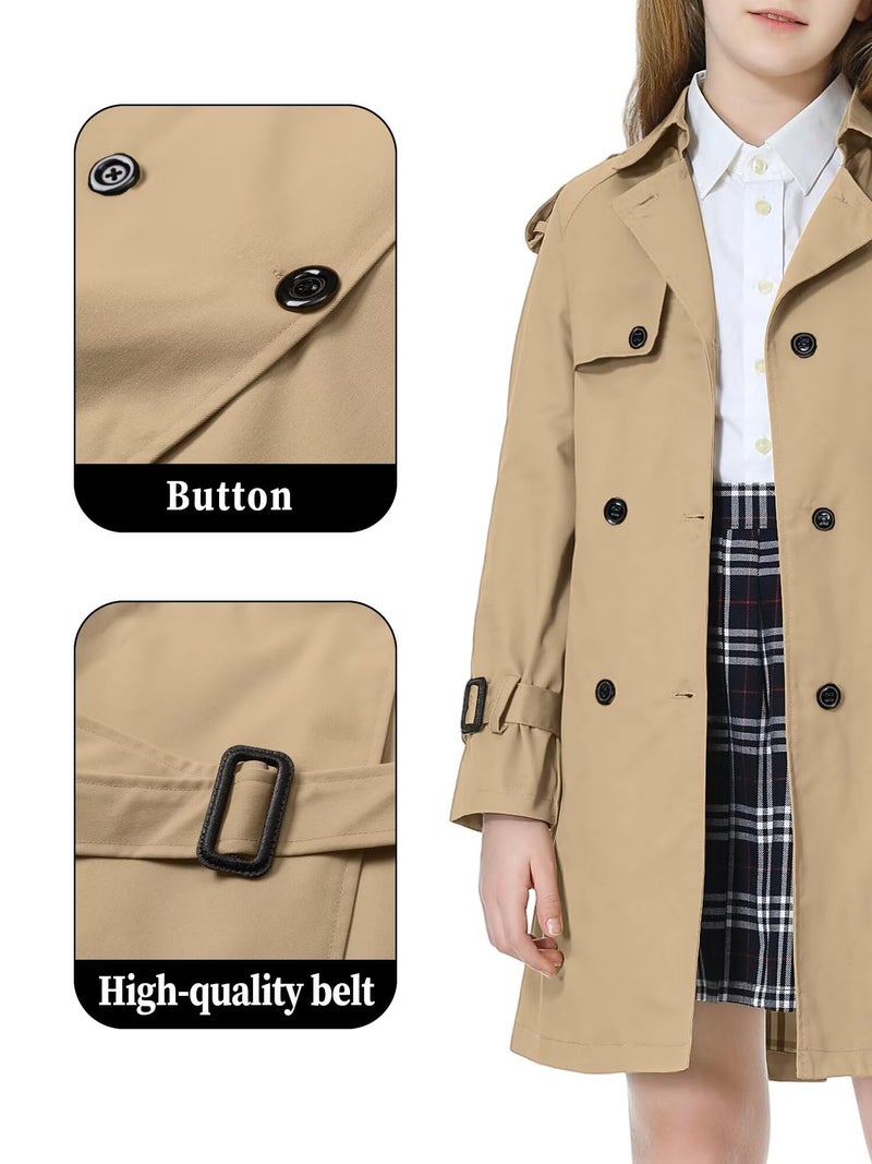 Betusline Girls Trench Coat Double Breasted Classic Lapel Belted Windproof Overcoat Outwear, 2# Khaki, 9-10 Years = Tag 150 - Image 4