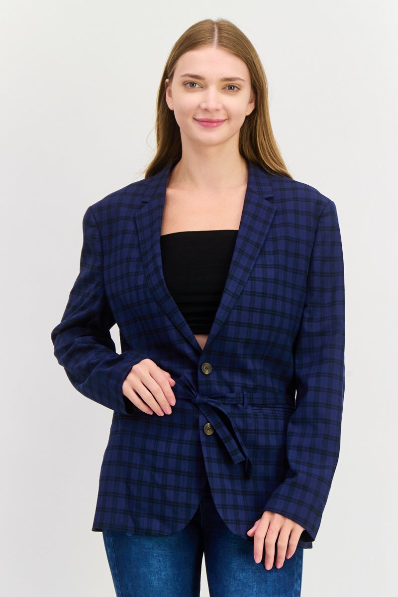 Asos Design Women Skinny Fit Plaid Belted Blazer, Navy - Image 1
