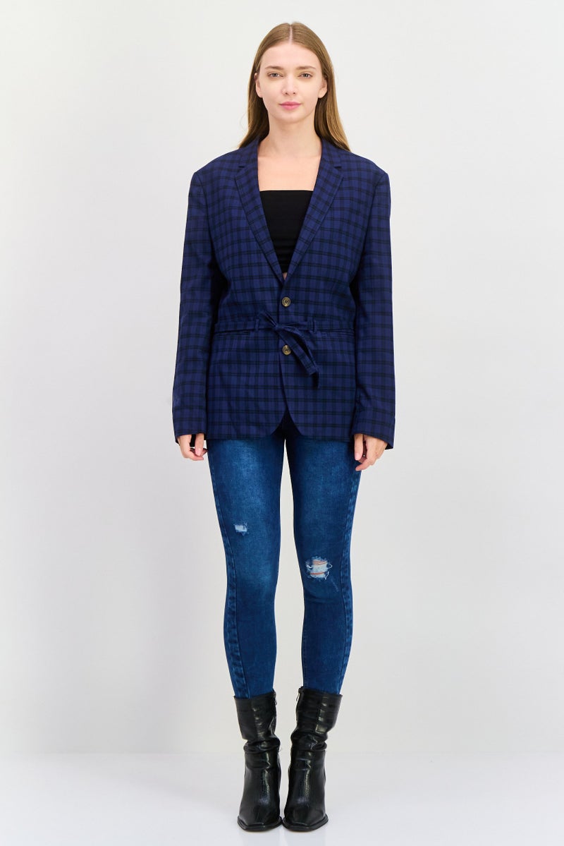 Asos Design Women Skinny Fit Plaid Belted Blazer, Navy - Image 3