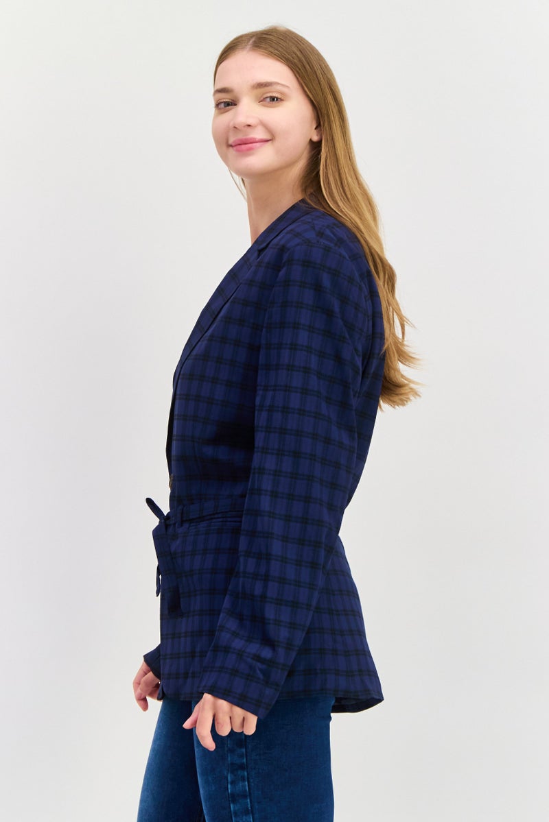 Asos Design Women Skinny Fit Plaid Belted Blazer, Navy - Image 4