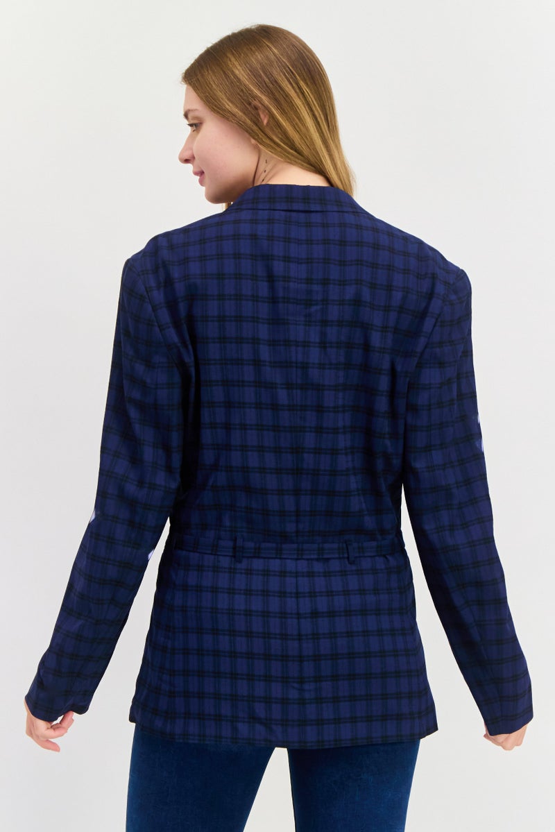Asos Design Women Skinny Fit Plaid Belted Blazer, Navy - Image 2