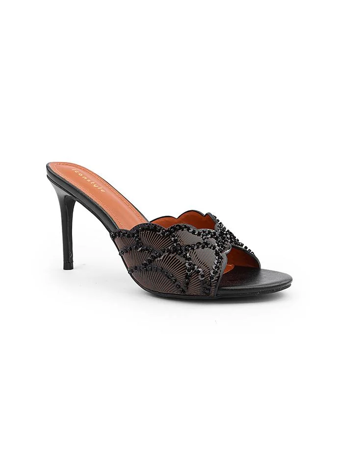 أيقون Ce Soir open toe, textured sequin-embellished scalloped strap, slingback strap, backless, high stiletto heel, metallic finish