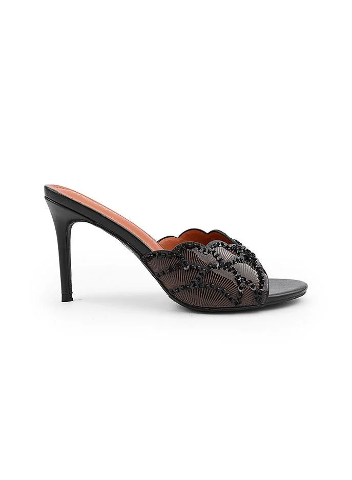 IconStyle Ce Soir open toe, textured sequin-embellished scalloped strap, slingback strap, backless, high stiletto heel, metallic finish