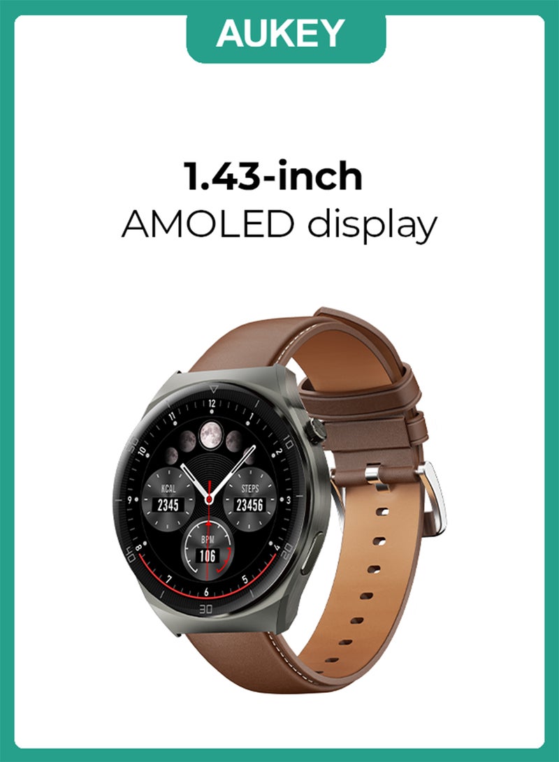 Aukey Smartwatch with Calling Function, 1.43-inch AMOLED display, IP68 Waterproof, 15 Days Battery Life Fitness Tracker with Sport & Health tracking & Customise faces SW-2 Ultra ( 1 Brown Lather +1 Rubber Black) Grey - Image 1